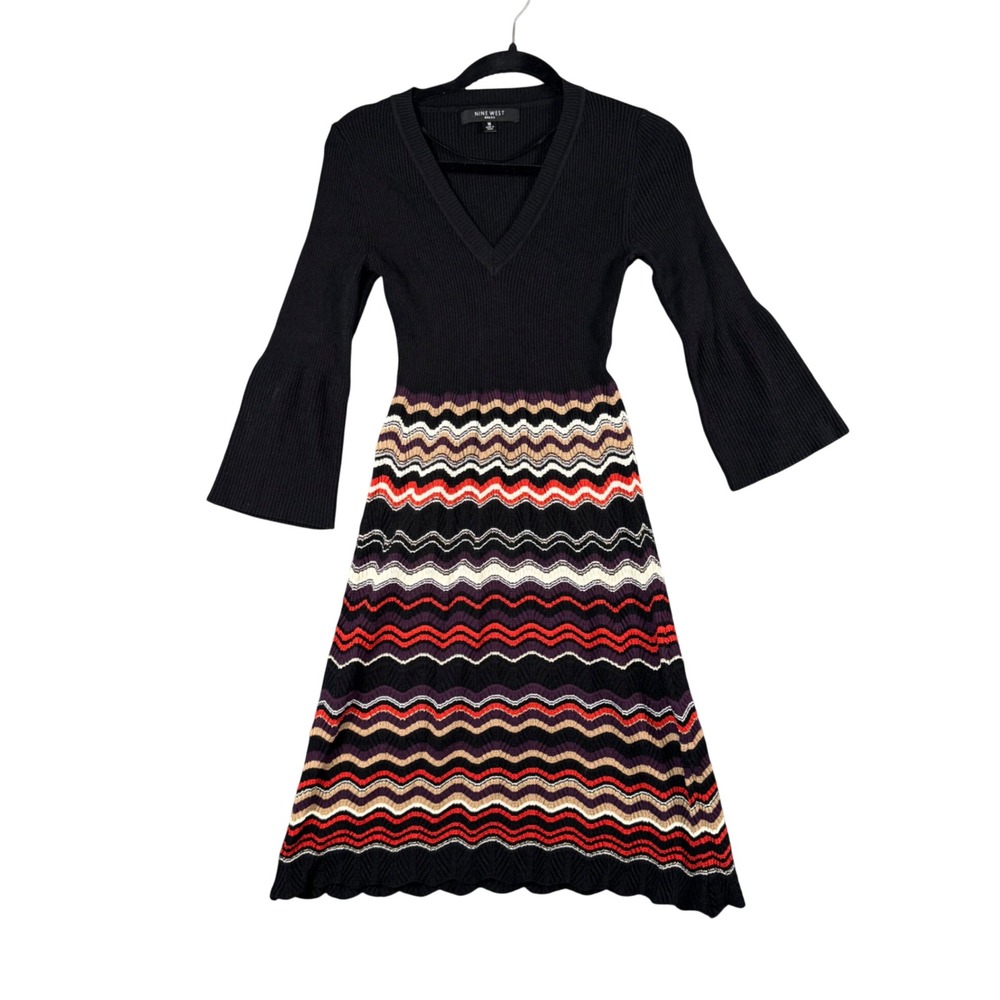 Nine West Black Bell Sleeve Knit Midi Dress‎ V Neck Zigzag Pattern Womens M